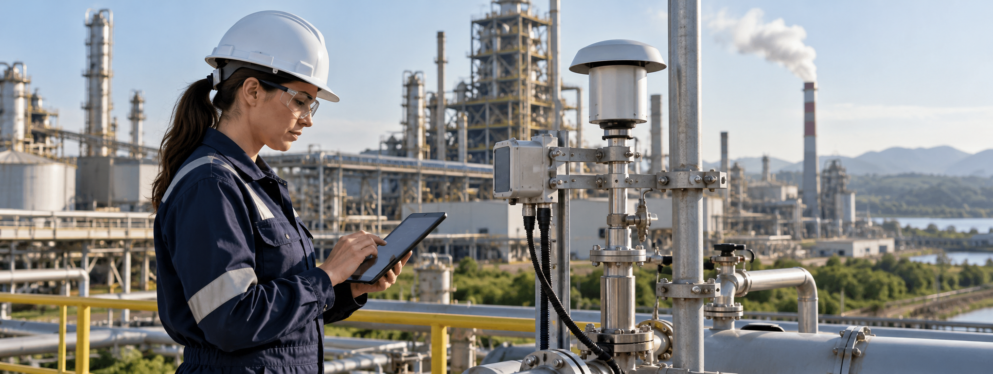 Profissional de meio ambiente analisa dados de monitoramento de emissões em uma instalação industrial