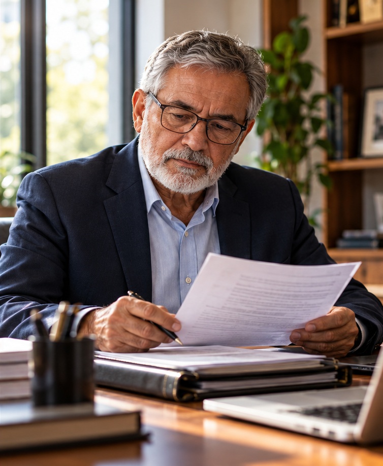Servidor aposentado analisa seus registros funcionais em um escritório